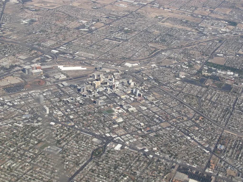 Aerial view of downtown Las Vegas and the surrounding Las Vegas Valley