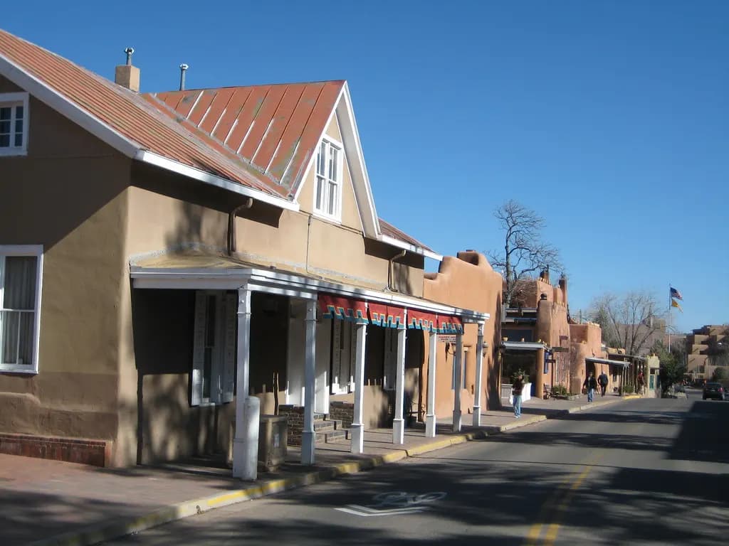 Adobe-style shops along the Old Santa Fe Trail in downtown Santa Fe, New Mexico
