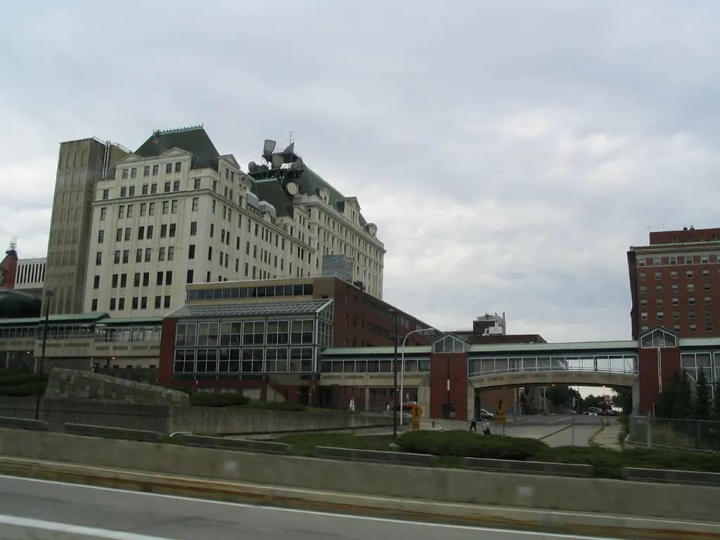 Albany skyline with the Empire State Plaza towers seen from Interstate 787