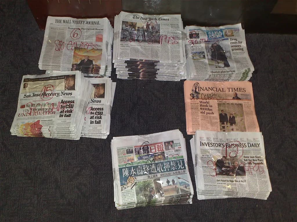 Bundled stacks of printed newspapers