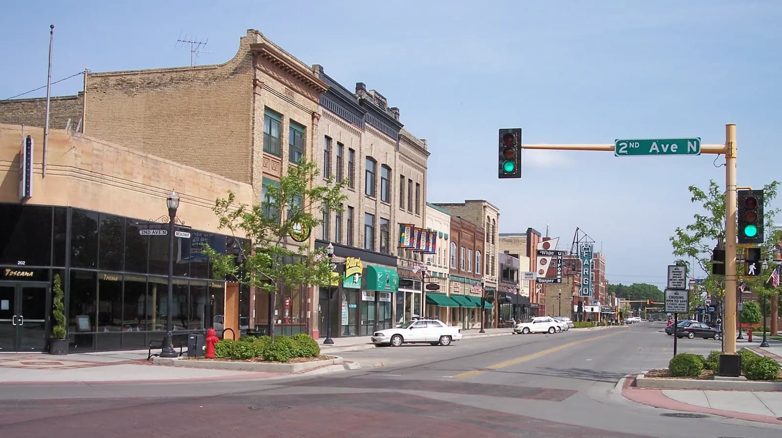 Shops and historic brick buildings along Broadway in downtown Fargo, North Dakota
