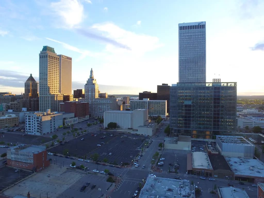 Aerial view of the downtown Tulsa, Oklahoma skyline