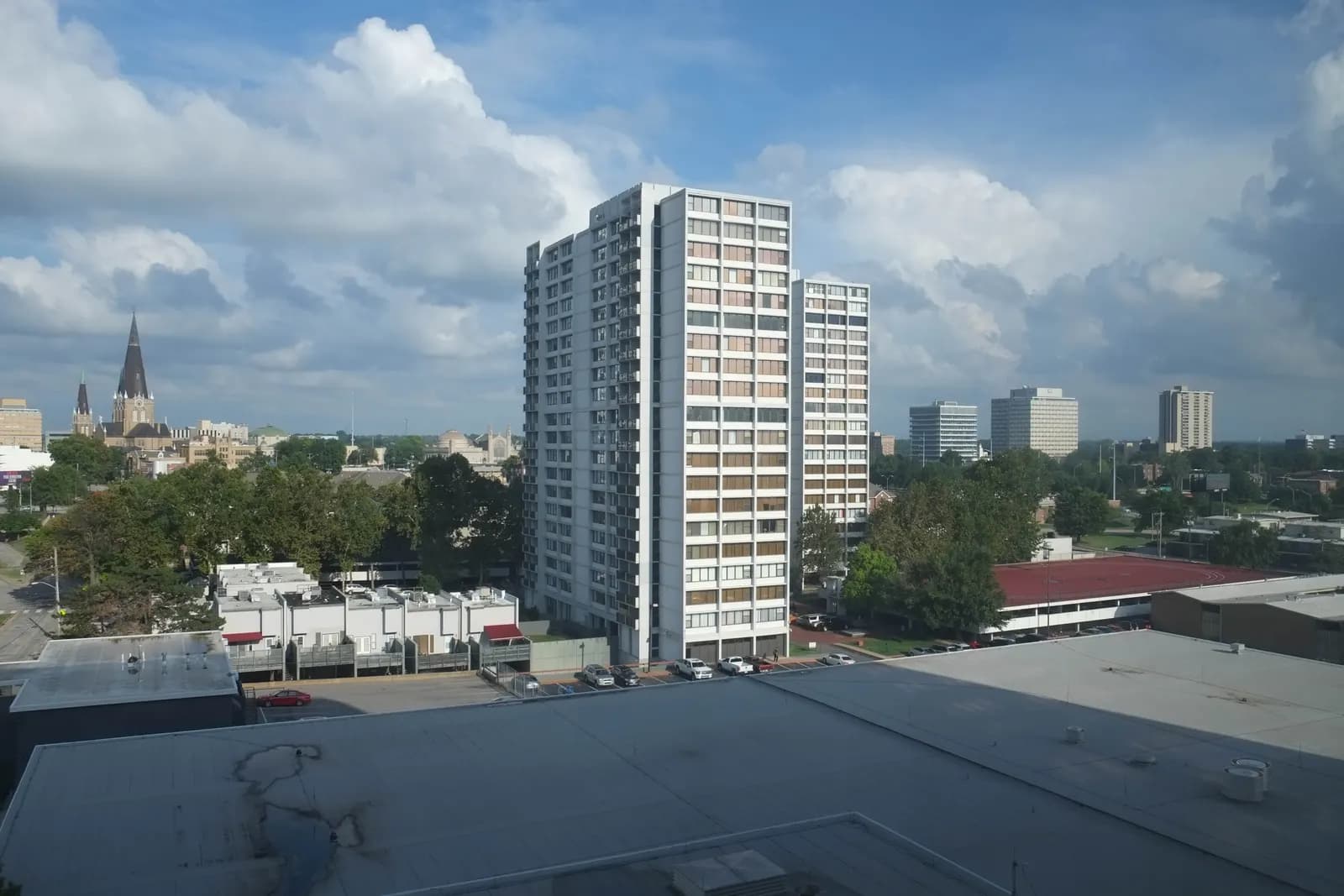 Townhomes and downtown Tulsa towers seen from above