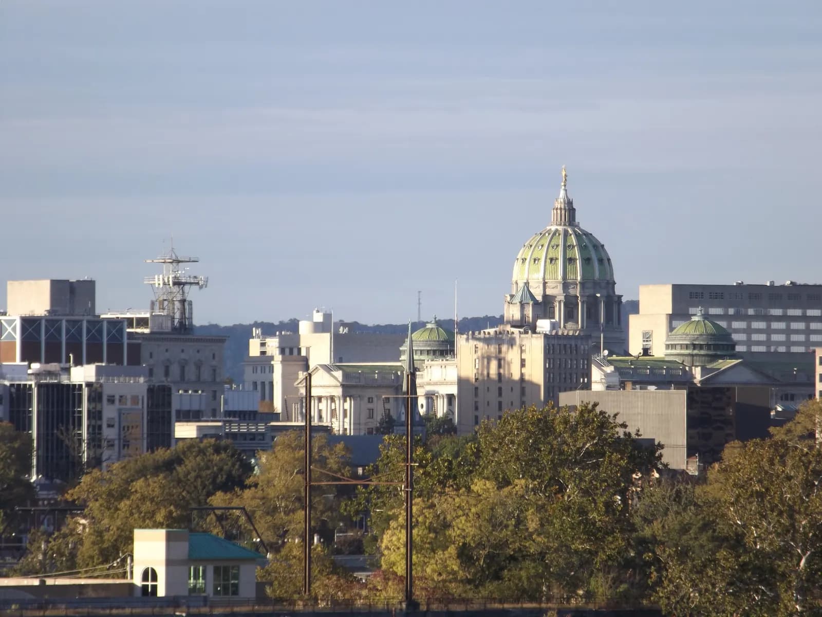 The Pennsylvania State Capitol dome in Harrisburg seen from a nearby street