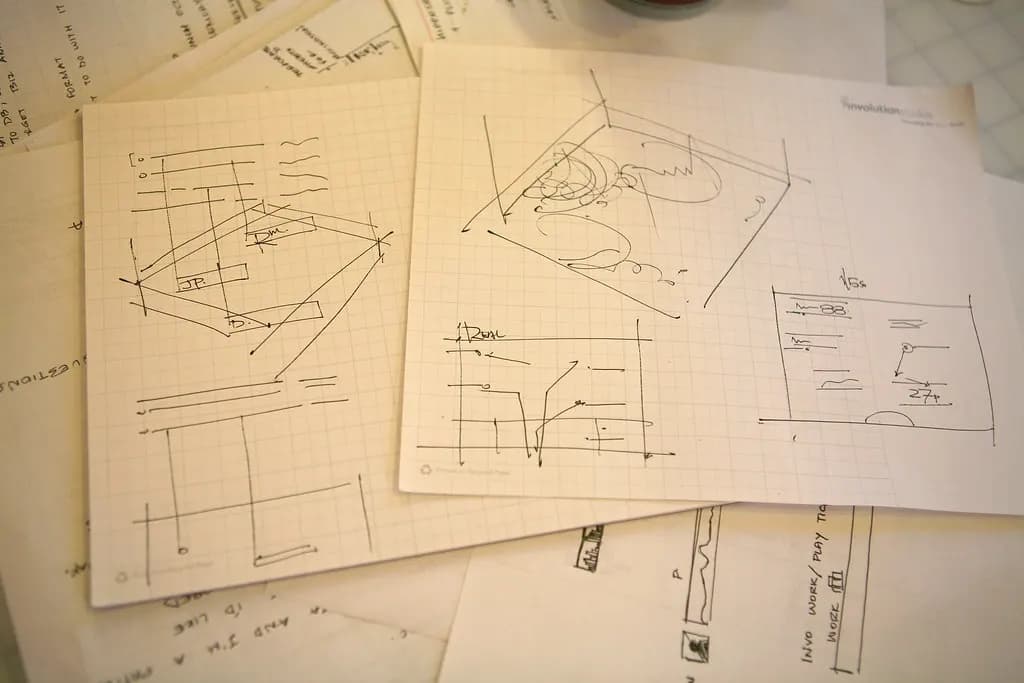 Hand-drawn layout sketches on grid paper spread across a desk