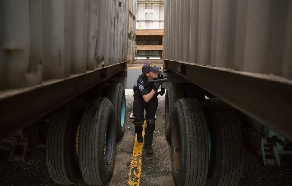 U.S. Customs and Border Protection officer walking between two cargo trailers during an inspection