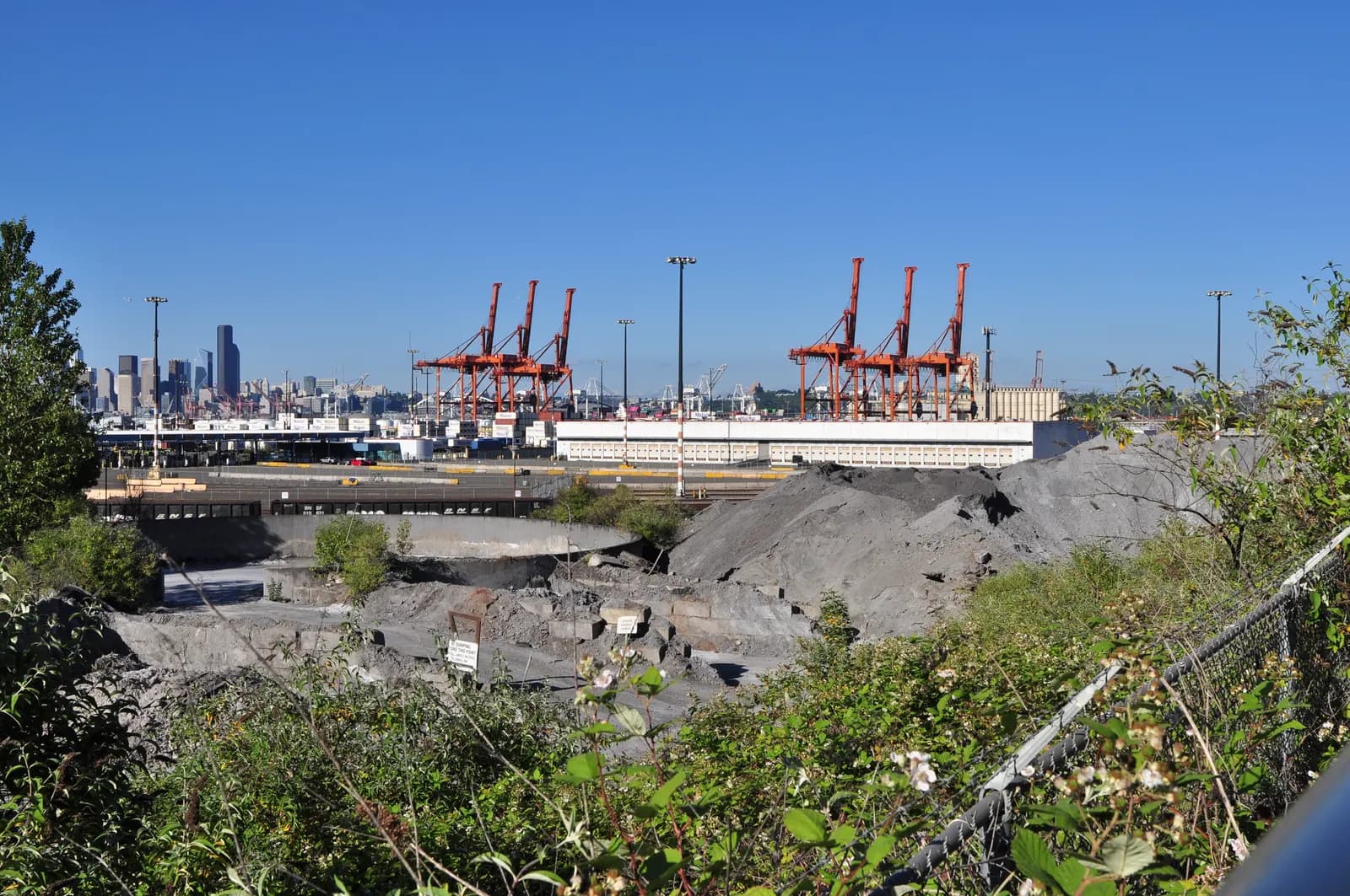 Orange container cranes at a Seattle port terminal with the downtown skyline behind