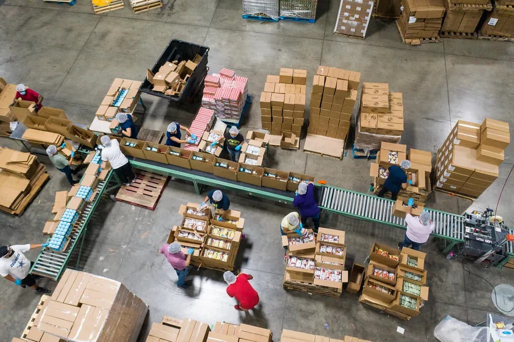 Overhead view of a warehouse floor where workers pack cartons on a conveyor line beside stacked pallets