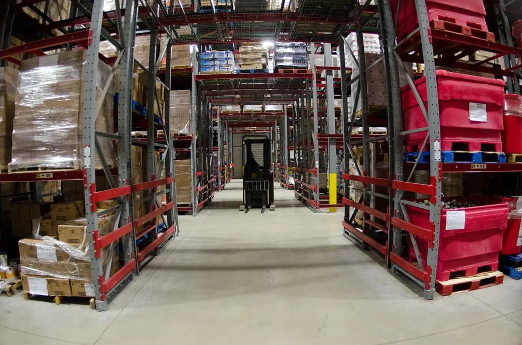 Warehouse aisle with red pallet racking holding wrapped pallets and cartons, a forklift at the far end