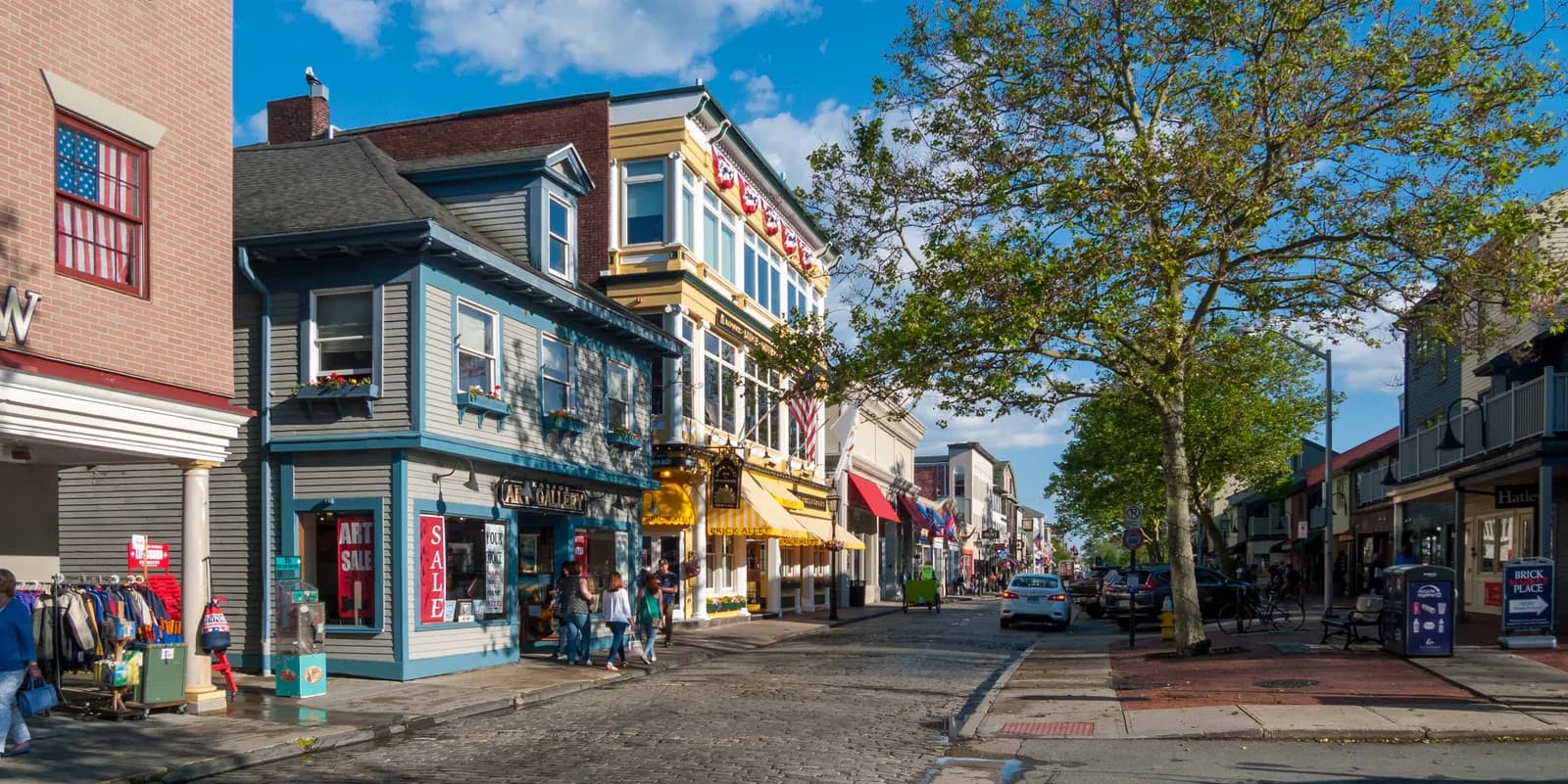 Shops along Thames Street in Newport, Rhode Island