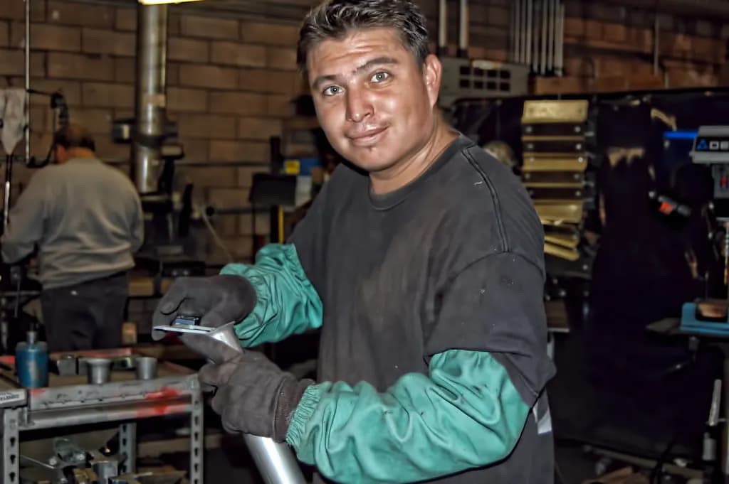 A welder in protective gear fabricating metal tubing in a small manufacturing shop