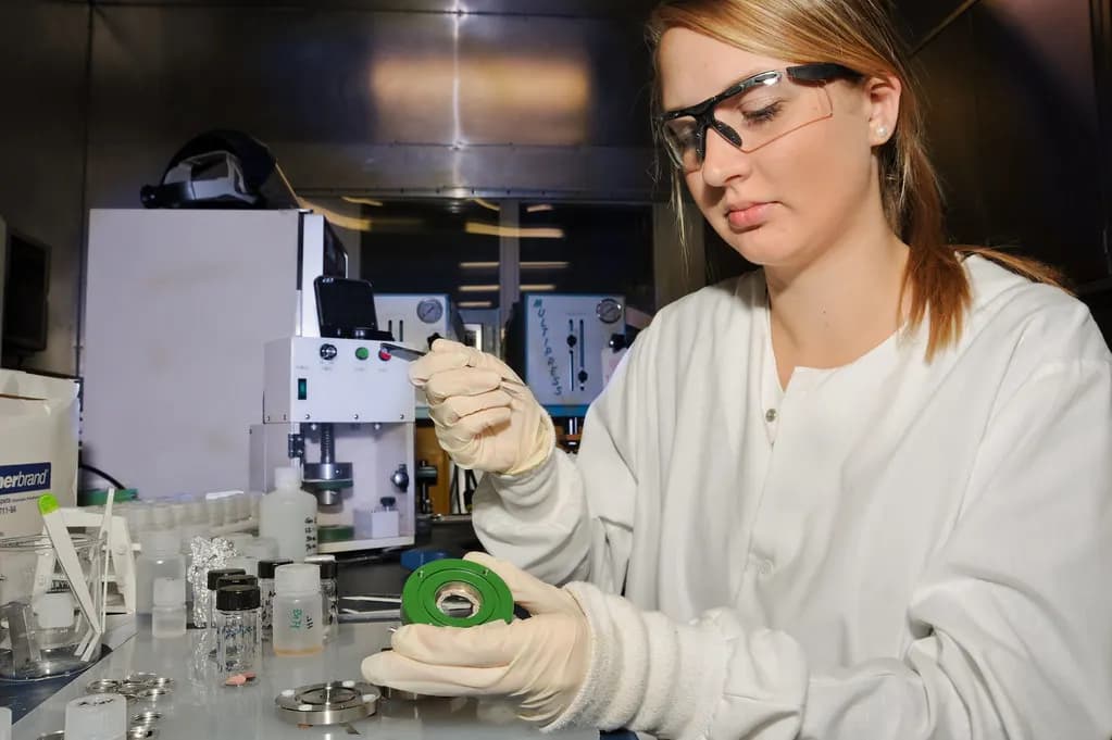 A researcher in a lab coat and safety glasses assembling a battery test cell at a laboratory bench