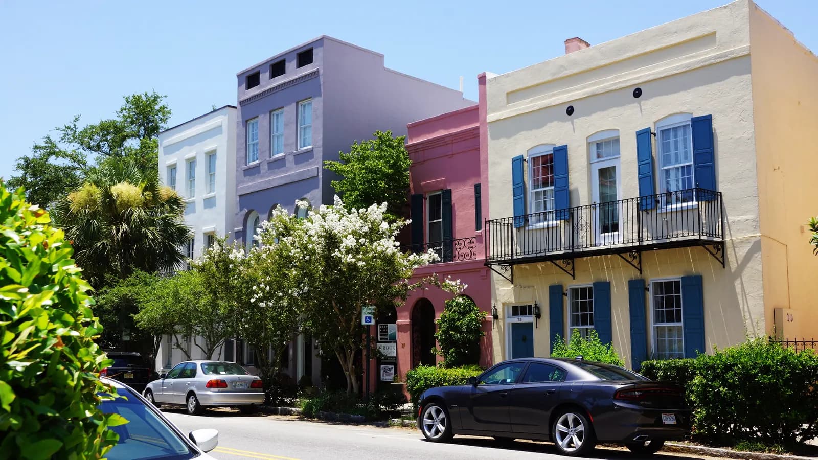 The pastel-painted historic row houses of Rainbow Row on East Bay Street in Charleston, South Carolina