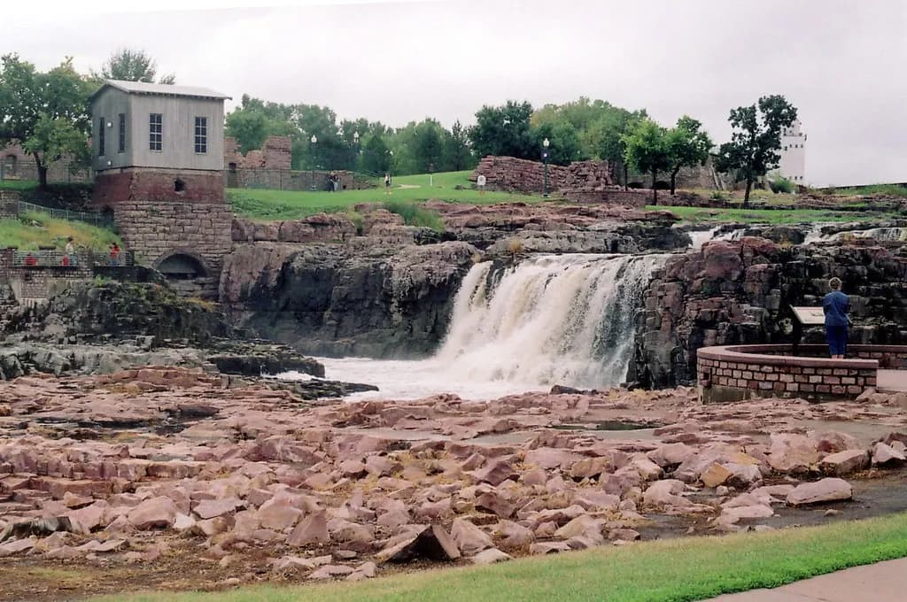 The waterfall on the Big Sioux River at Falls Park in Sioux Falls, South Dakota