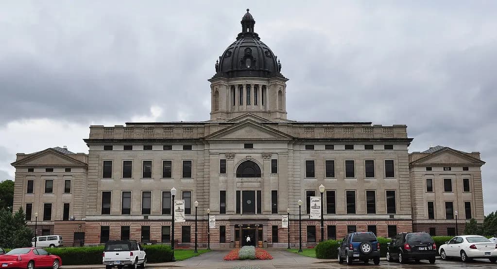 The South Dakota State Capitol building in Pierre under a cloudy sky
