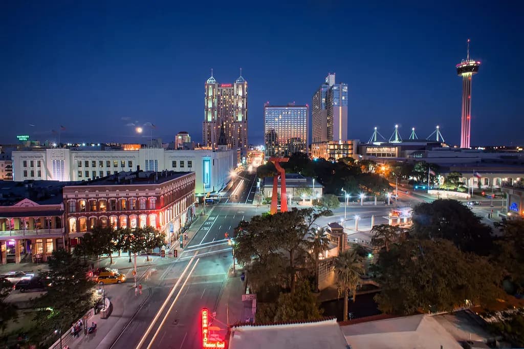 San Antonio downtown skyline at blue hour with the river in the foreground
