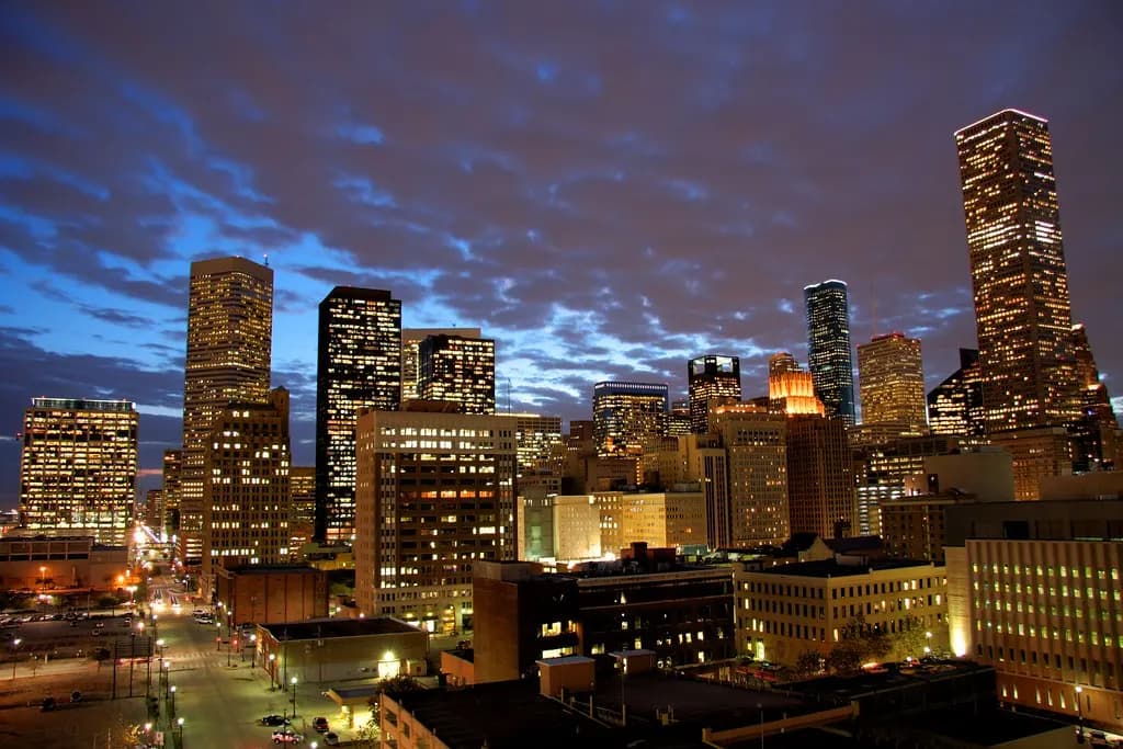 Office towers in downtown Houston, where many registered agent services keep their Texas street addresses