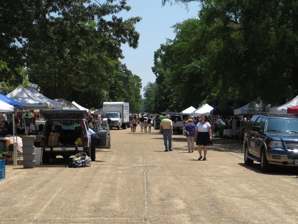 Shoppers walking between vendor tents at the Williamsburg farmers market