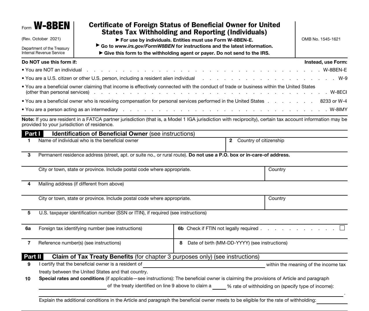 Top portion of IRS Form W-8BEN (Rev. October 2021) showing the 'Do not use this form if' list, Part I identification lines 1 to 8 and Part II treaty claim lines 9 and 10