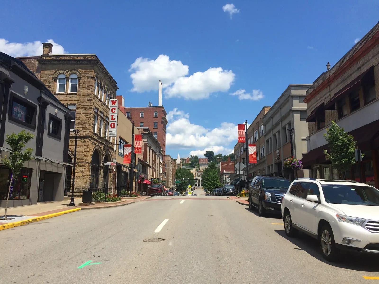 Shops and brick buildings along High Street in downtown Morgantown, West Virginia