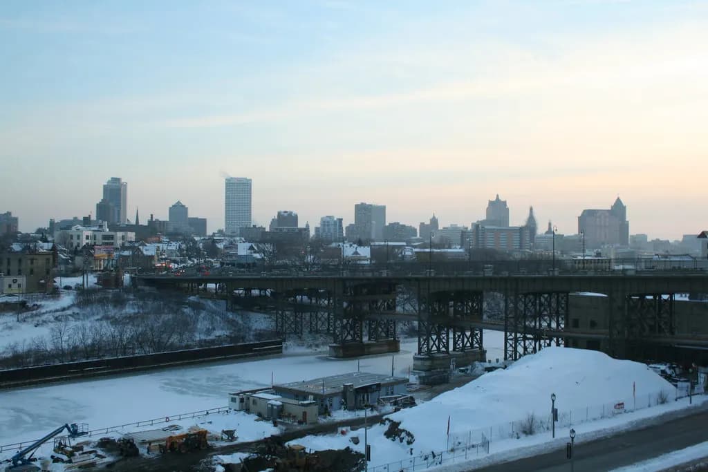 The Milwaukee skyline seen beyond the Holton Street Viaduct