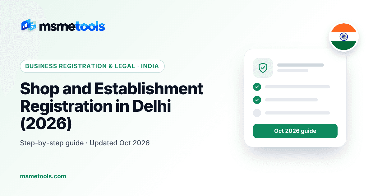 Shop and establishment registration in Delhi — free online certificate and the 2026 amendment — MSMETOOLS guide cover