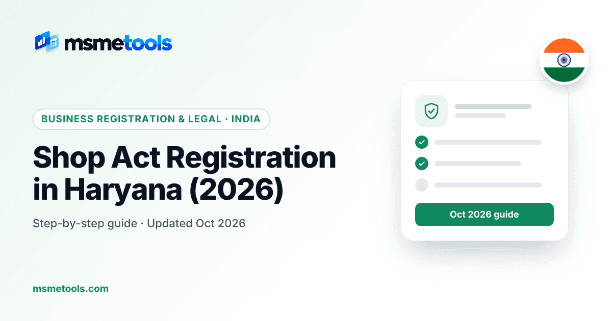 Shop act registration in Haryana — 20-worker rule, fees and working hours — MSMETOOLS guide cover