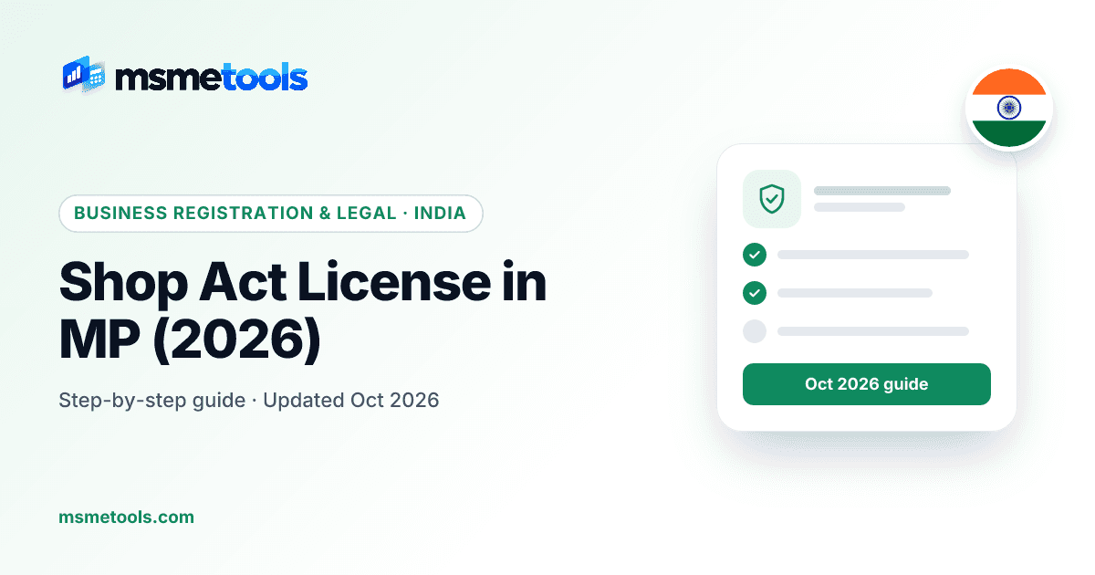 Shop act licence (gumasta) in Madhya Pradesh — portal registration, fees and hours — MSMETOOLS guide cover