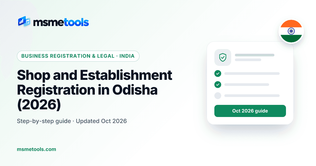 Shop and establishment registration in Odisha — 20-employee rule, Odia signboards and fees — MSMETOOLS guide cover