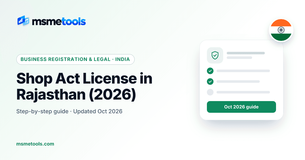 Shop act licence in Rajasthan — registration, fees and working hours — MSMETOOLS guide cover
