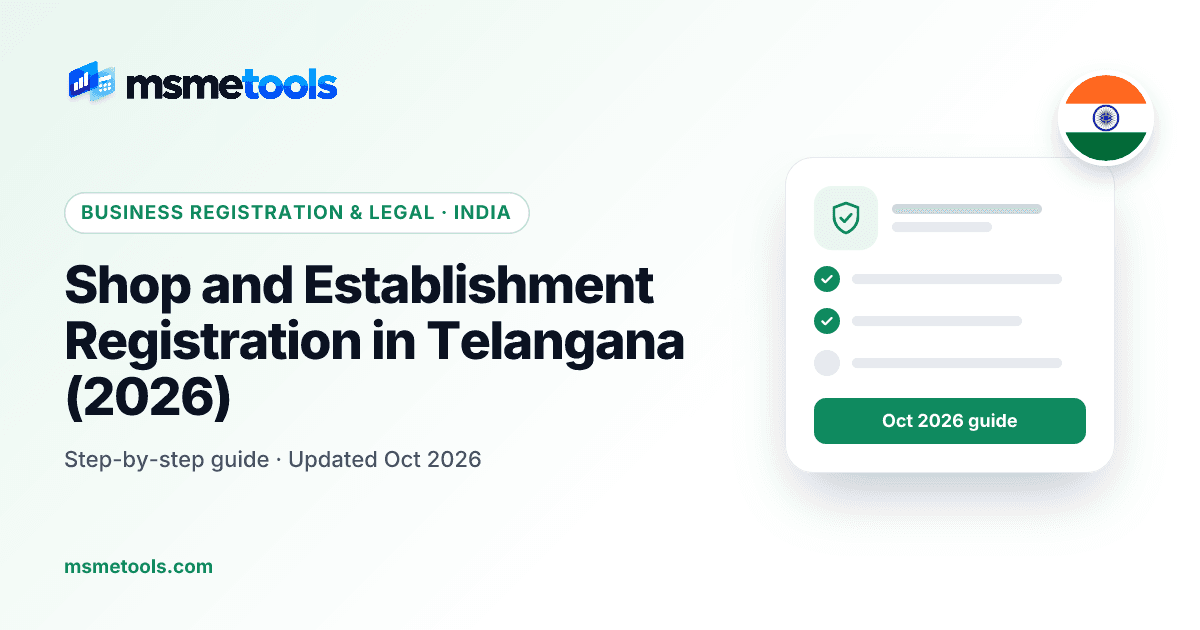 Shop and establishment registration in Telangana — fees, renewal and working hours — MSMETOOLS guide cover