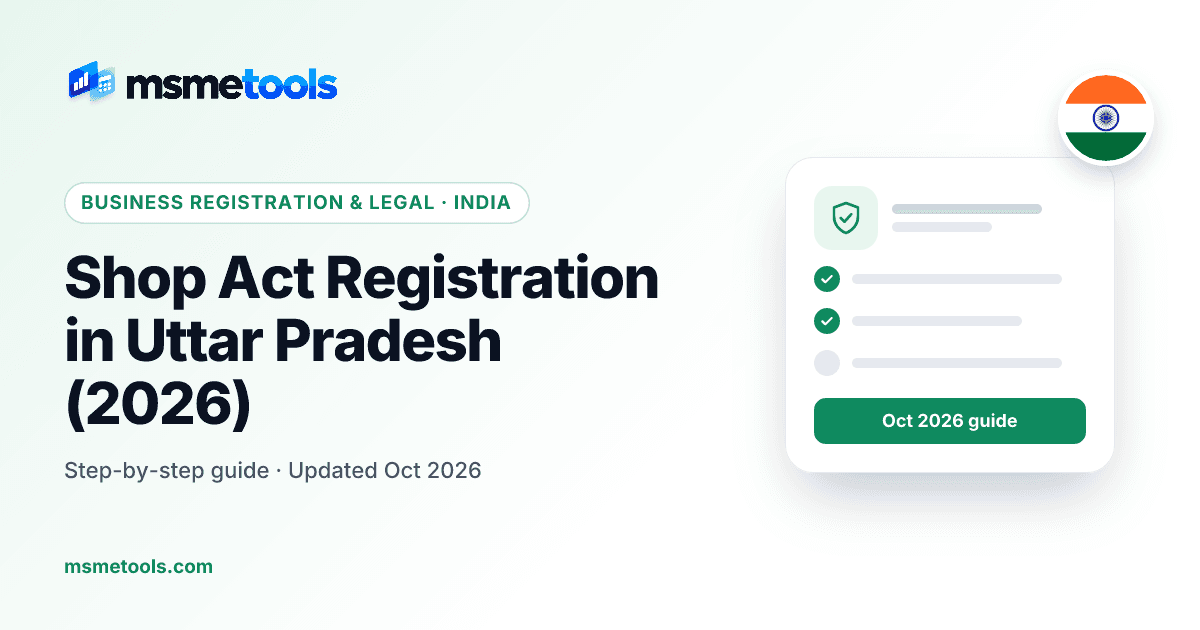 Shop act registration in Uttar Pradesh — the 20-employee rule, hours and penalties — MSMETOOLS guide cover