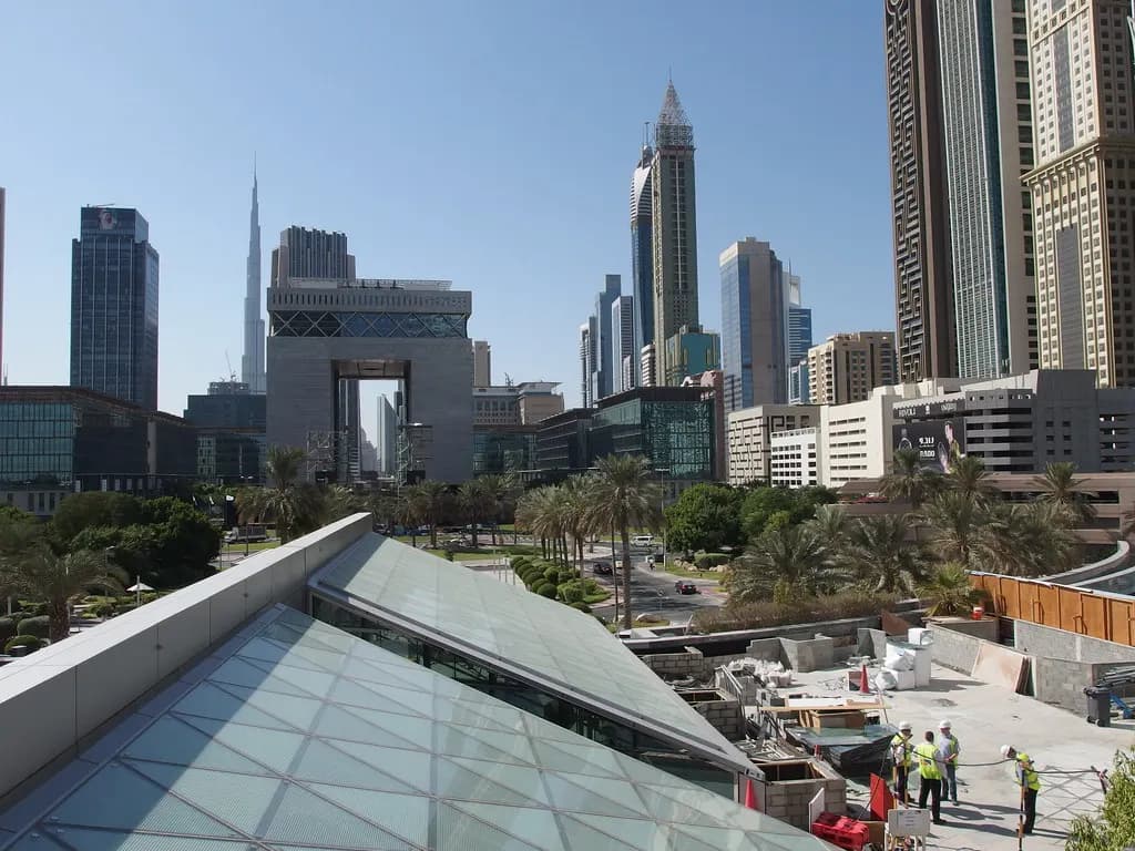 The Gate building and surrounding office towers of the DIFC district in Dubai