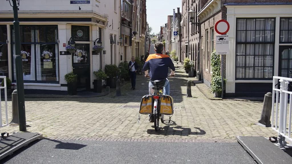 A parcel courier cycling along a paved street with delivery bags on the rear rack