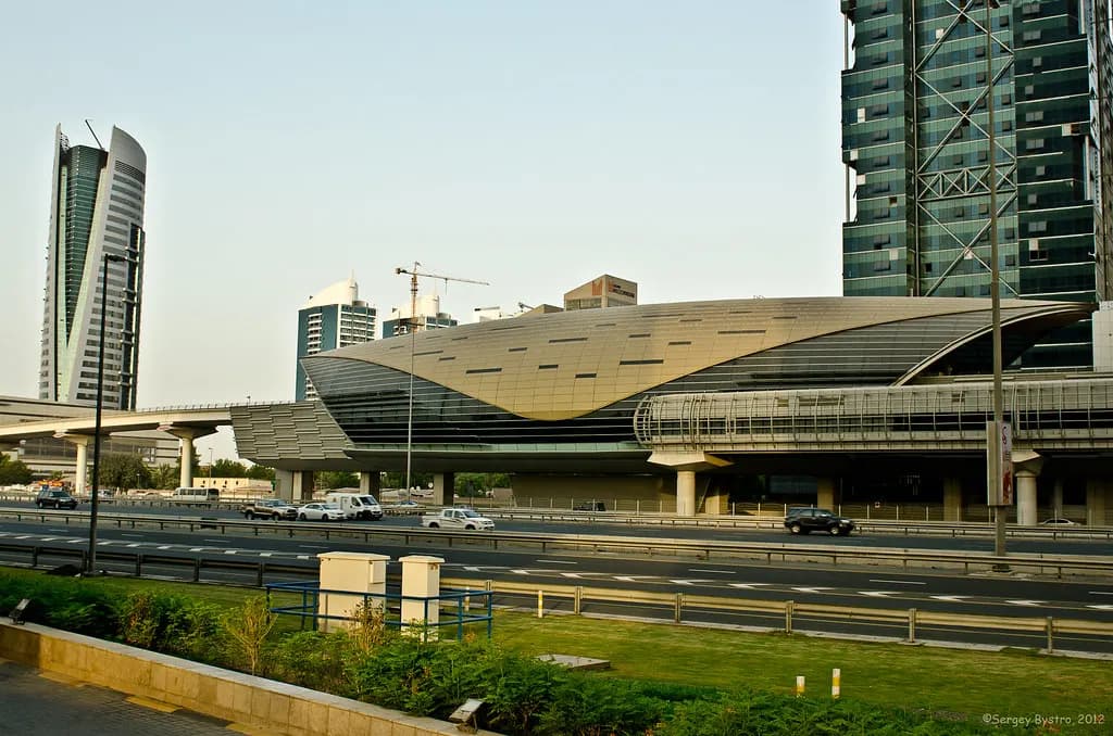 Dubai Internet City metro station beside office towers on Sheikh Zayed Road