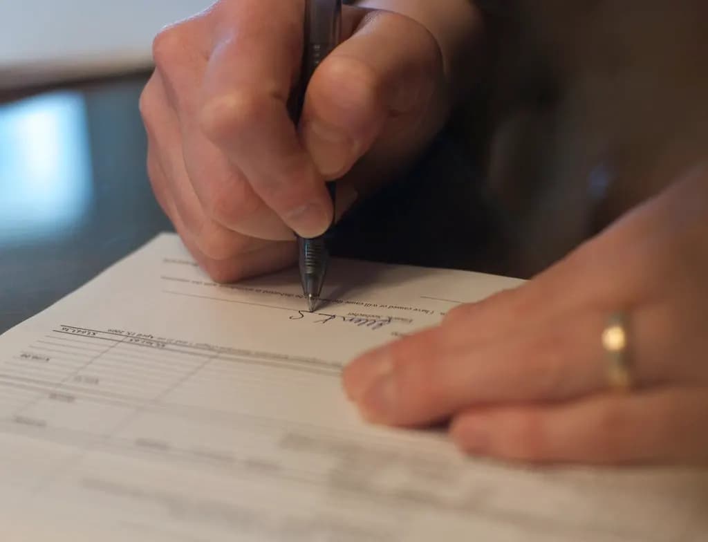 Close-up of a hand signing a printed contract with a pen