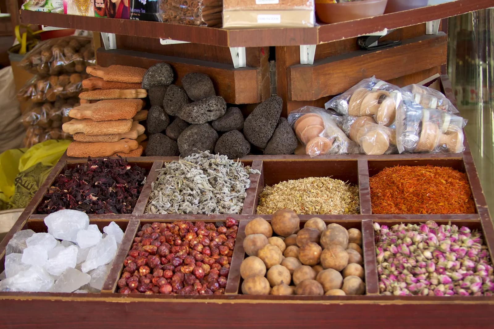 Shopfronts and goods on display in the Deira souks in Dubai