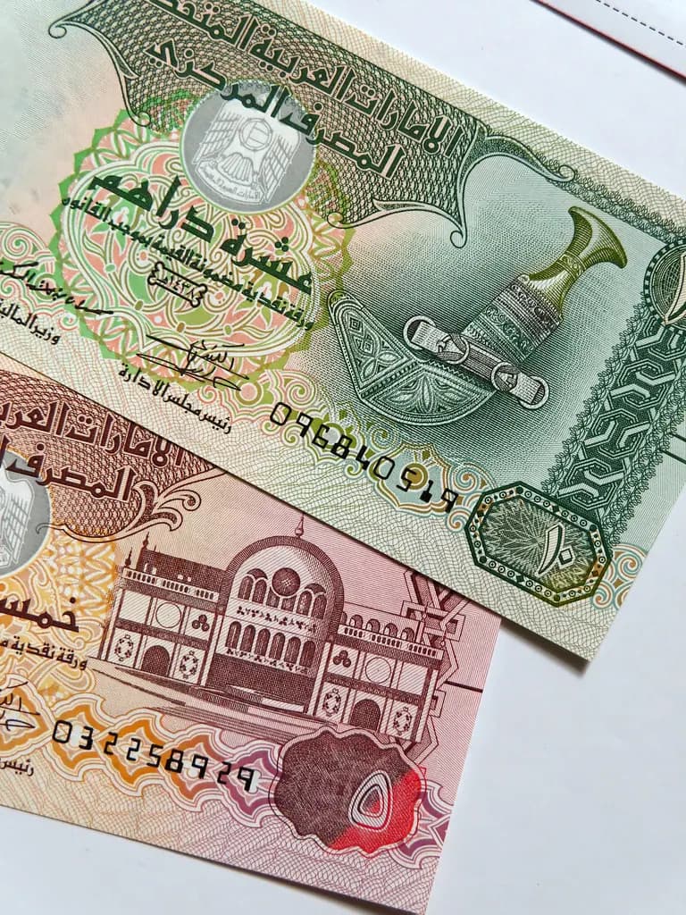 UAE five and ten dirham banknotes lying on a table