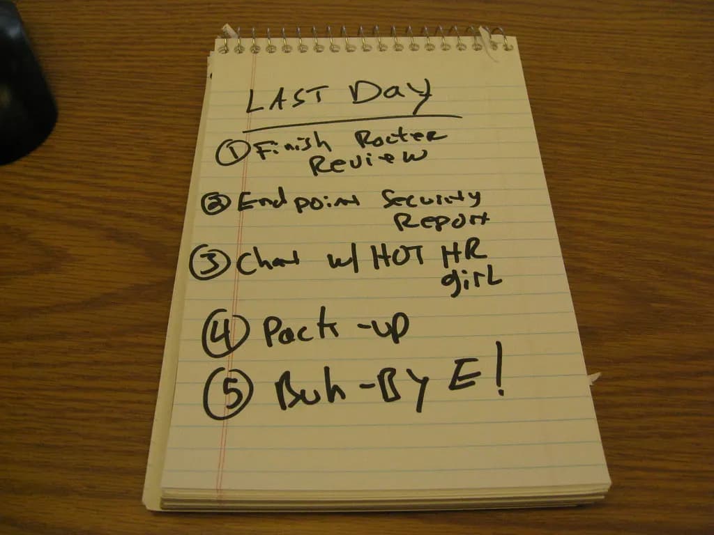 A handwritten to-do list for the last day at work