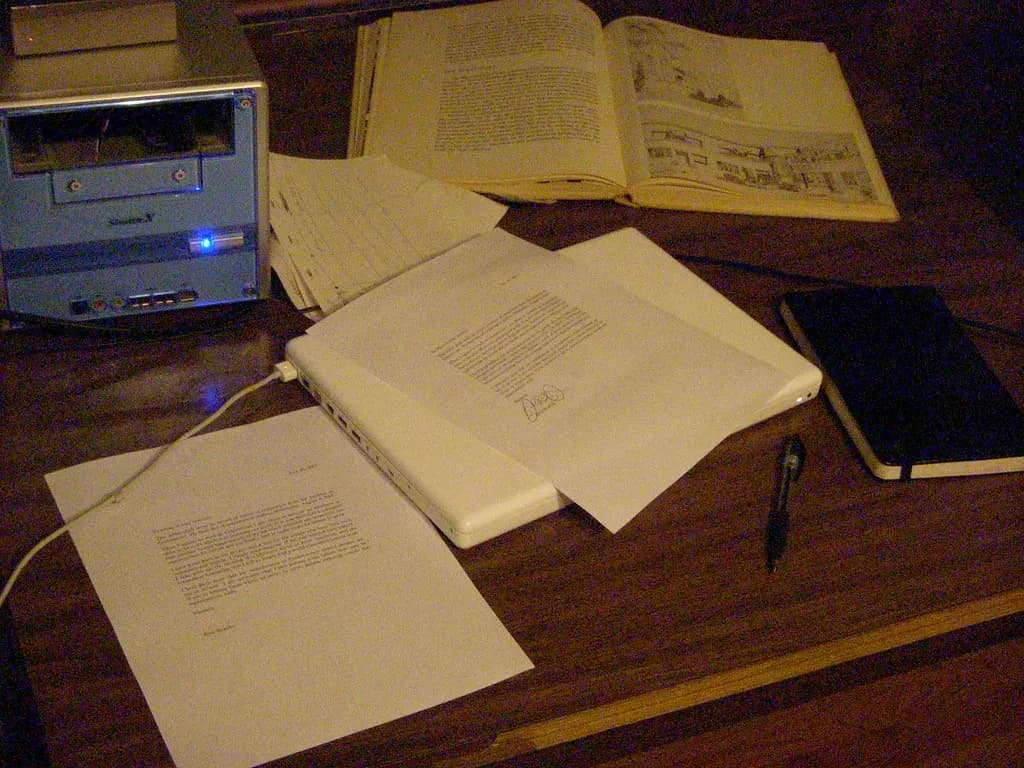 A printed resignation letter on a desk beside a laptop, books and notebook