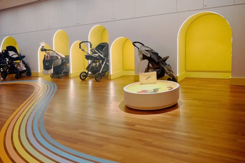 Prams and strollers parked in a pram parking area