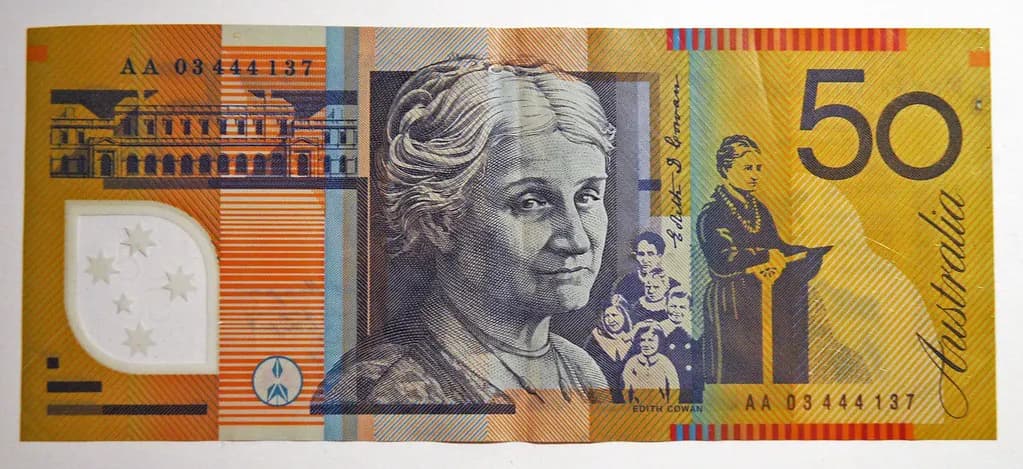 Front of an Australian fifty-dollar polymer banknote