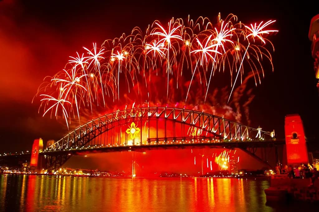 New Year fireworks exploding over the Sydney Harbour Bridge