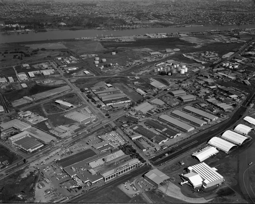 Aerial view of factories and warehouses in the Eagle Farm industrial area of Brisbane in 1967