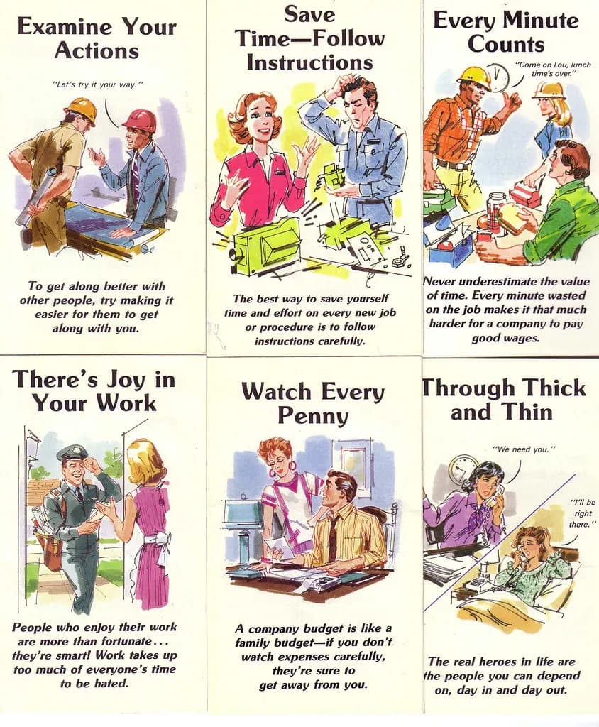 Vintage illustrated pay-envelope inserts with workplace messages such as Every Minute Counts and Watch Every Penny