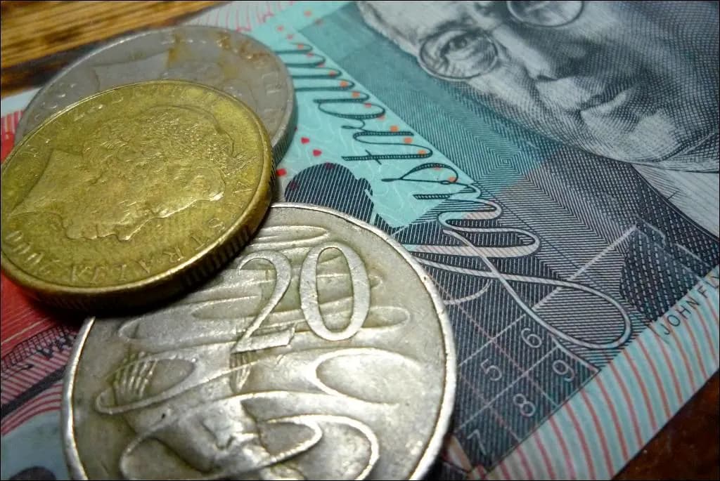 Close-up of Australian banknotes and coins