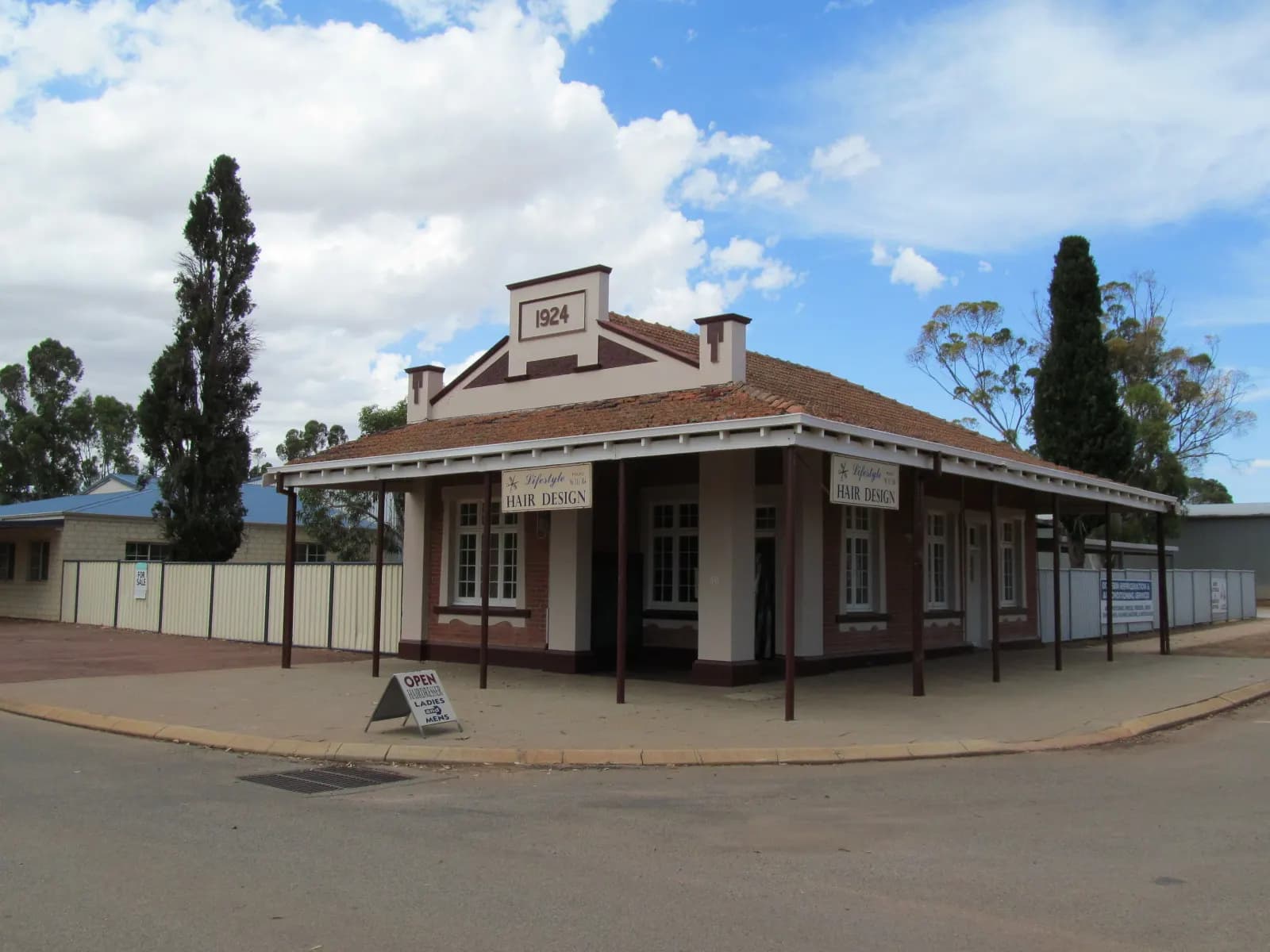 Hair design salon in a 1924 heritage building on a street corner in Dowerin, Western Australia