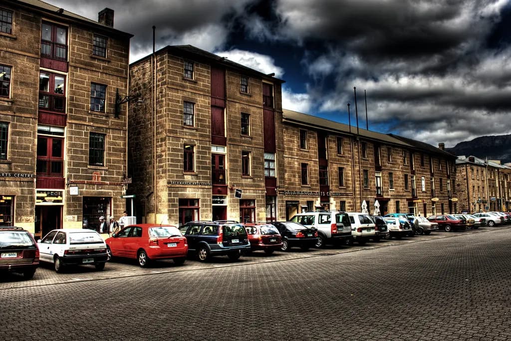 Sandstone warehouses converted to shops and cafés at Salamanca Place, Hobart