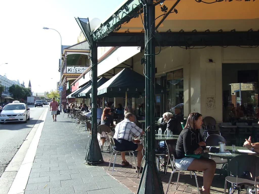 Cafés with outdoor tables under awnings along the Cappuccino Strip in Fremantle