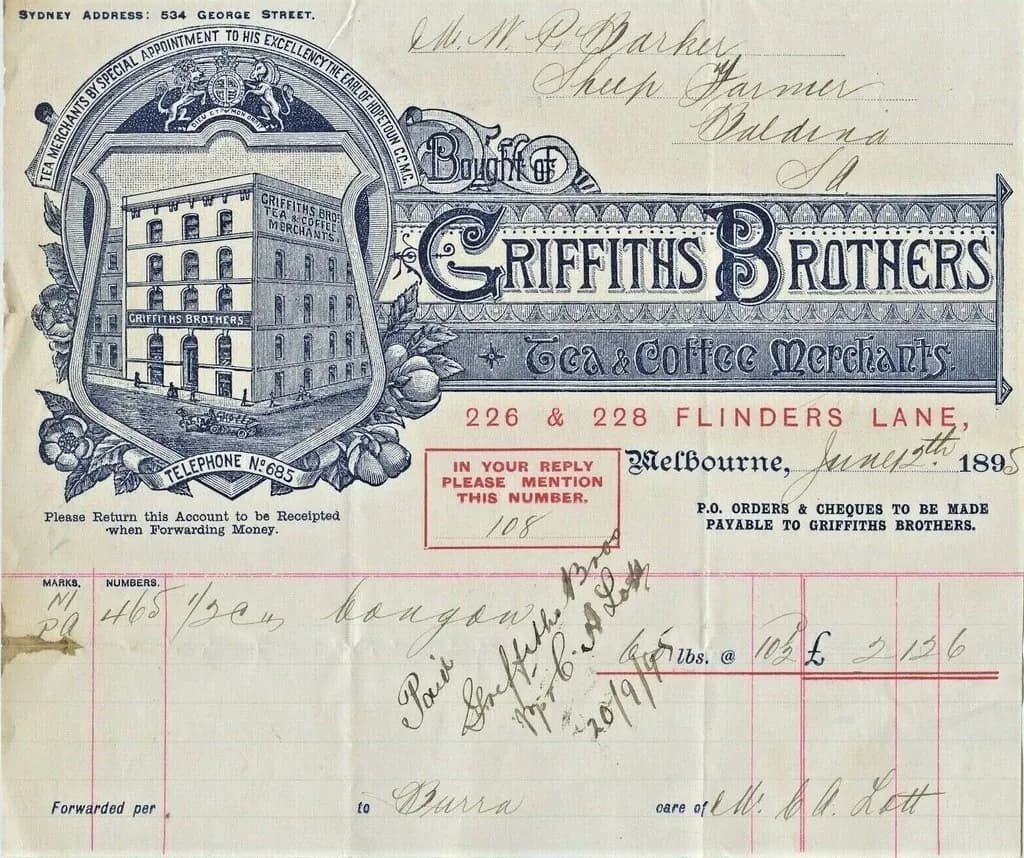 1895 invoice from Griffiths Brothers tea and coffee merchants of Flinders Lane, Melbourne, to a South Australian sheep farmer